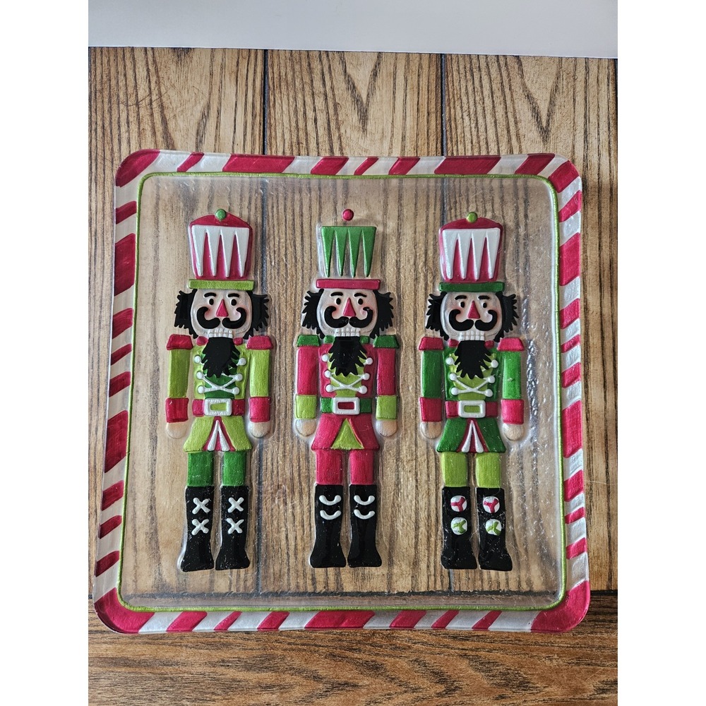 Mud Pie Nutcracker Glass Platter Square Holiday Christmas Serving Tray 12in